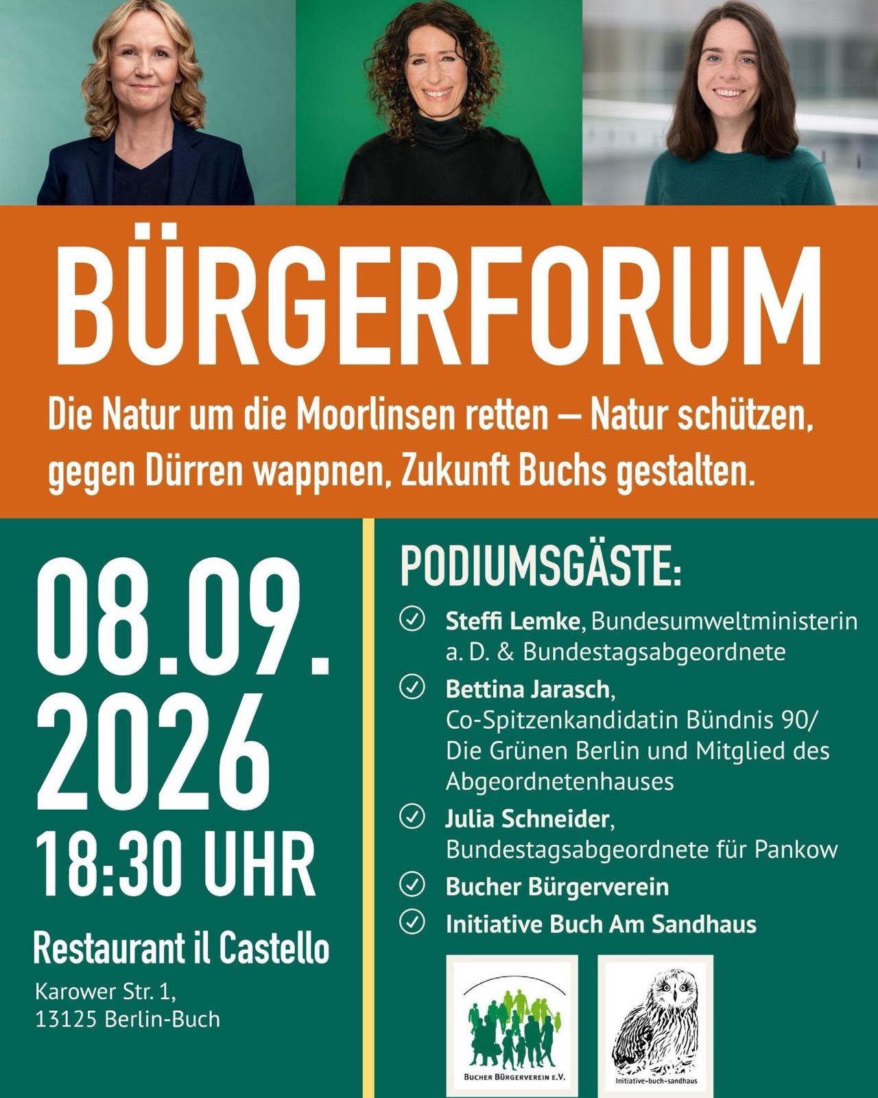 B&uuml;rgerforum: Die Natur um die Moorlinse retten &ndash; Natur sch&uuml;tzen, gegen D&uuml;rren wappnen, Zukunft Buchs gestalten mit Steffi Lemke und Bettina Jarasch